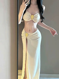 Luxury Gold Foil 3-Piece Swimsuit Set with Slit Skirt