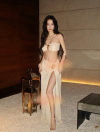 Luxury Gold Foil 3-Piece Swimsuit Set with Slit Skirt