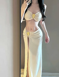 Luxury Gold Foil 3-Piece Swimsuit Set with Slit Skirt