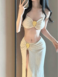 Luxury Gold Foil 3-Piece Swimsuit Set with Slit Skirt