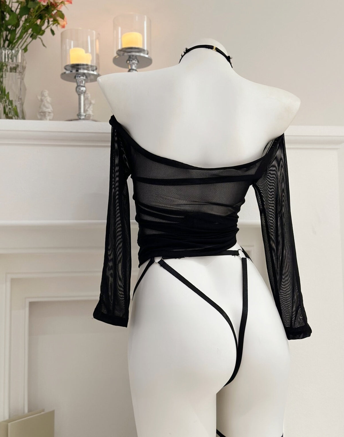 Black Sheer Mesh Halter Tie Lingerie