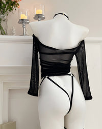 Black Sheer Mesh Halter Tie Lingerie