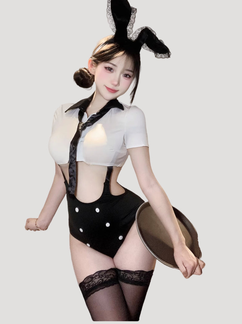 Open-Bust Secretary Style One-Piece Lingerie (with Stockings or Fishnets)
