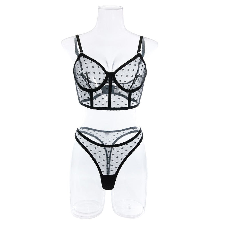 Polka Dot Mesh Boned Lingerie Set