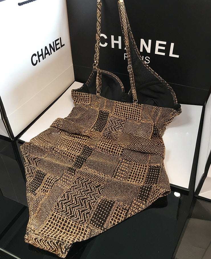 Black &amp; Gold Luxe One-Shoulder Swimsuit