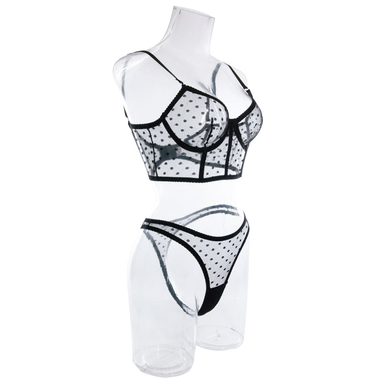 Polka Dot Mesh Boned Lingerie Set