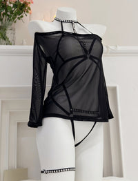 Black Sheer Mesh Halter Tie Lingerie