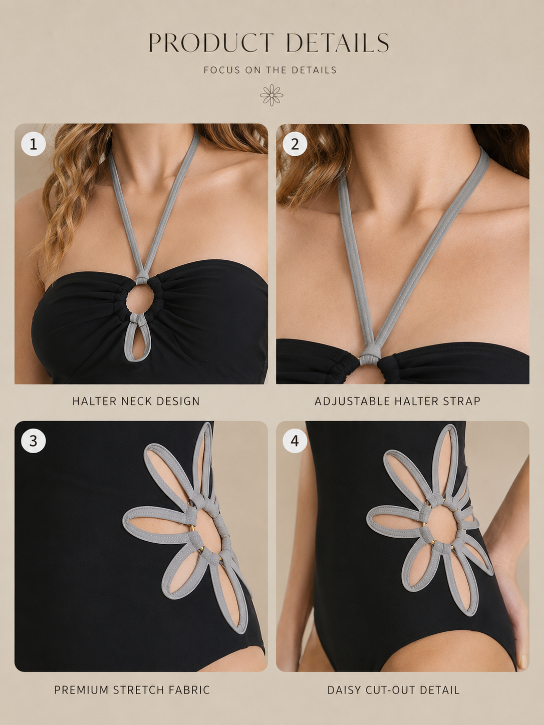 Black Daisy Cut-Out Halter One-Piece Swimsuit