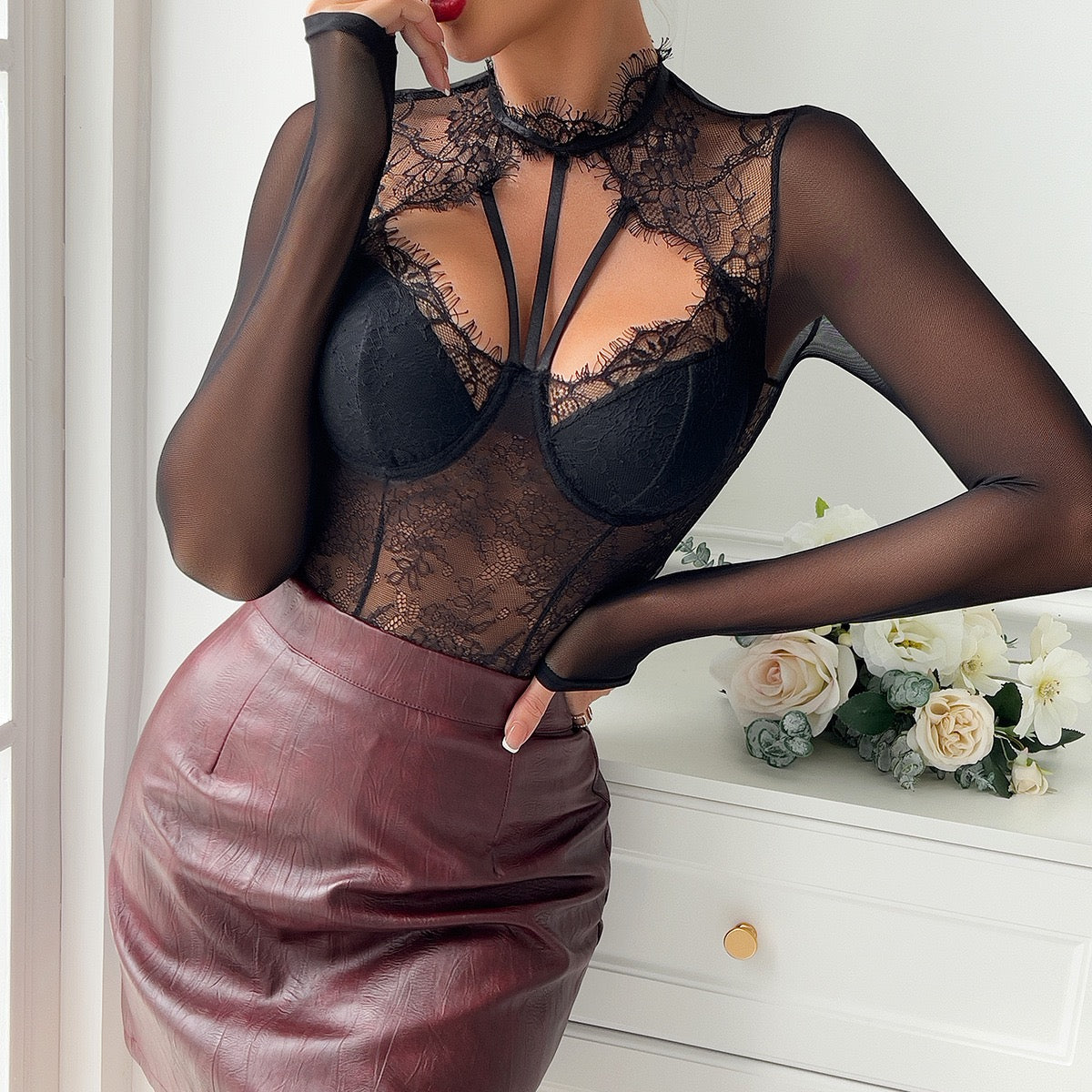French Style Sexy Lace Bodysuit with Eyelash Trim