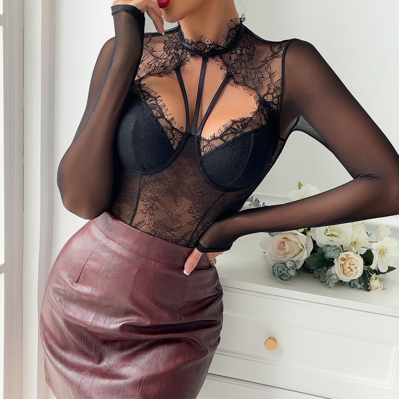 French Style Sexy Lace Bodysuit with Eyelash Trim