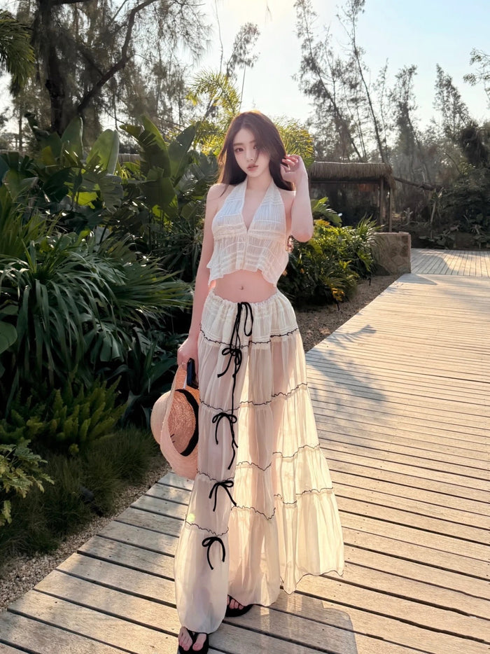 Glossy Sheer 3-Piece Swimsuit &amp; Beach Skirt Set