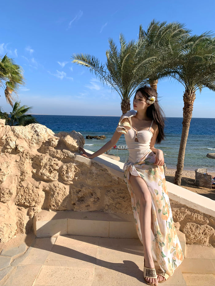 One-Shoulder Ruffled Swimsuit with Sheer Cover-Up