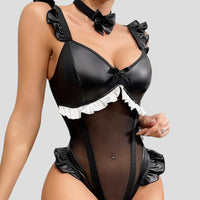 PU Patchwork Mesh Ruffled Bodysuit Lingerie