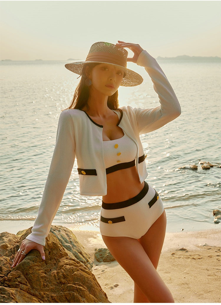 Chanel-Style Bikini Separated Long Sleeve Three-Piece Set
