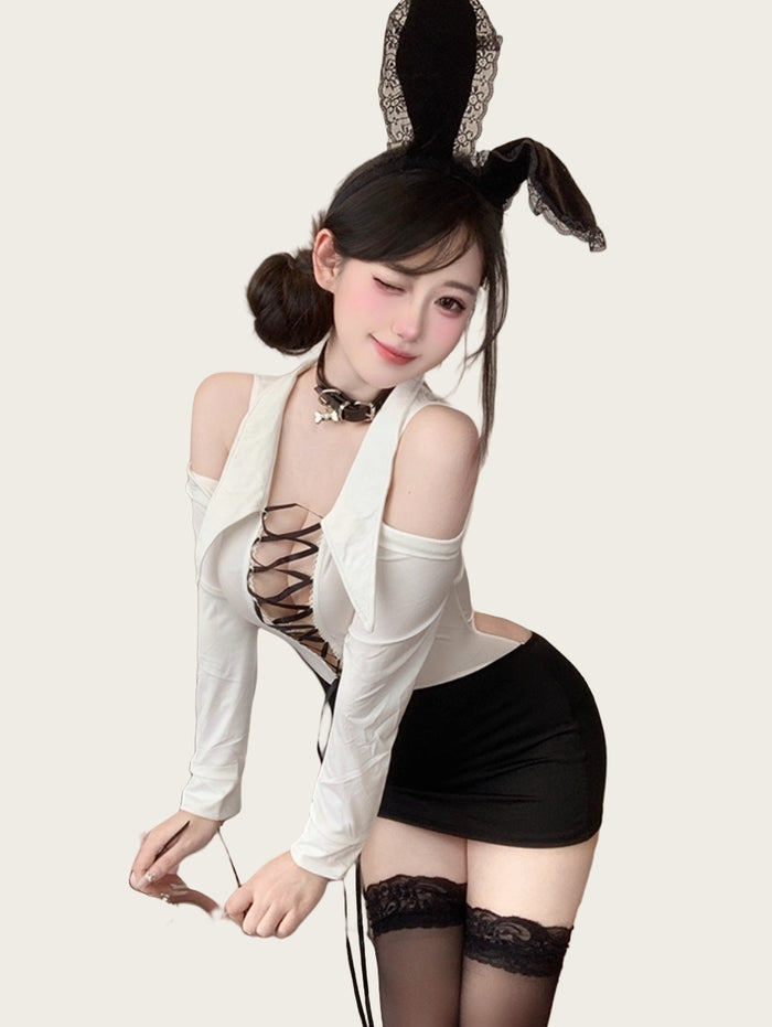 Deep V-Neck Tie-Front Bodycon Sexy Secretary Set with Stockings