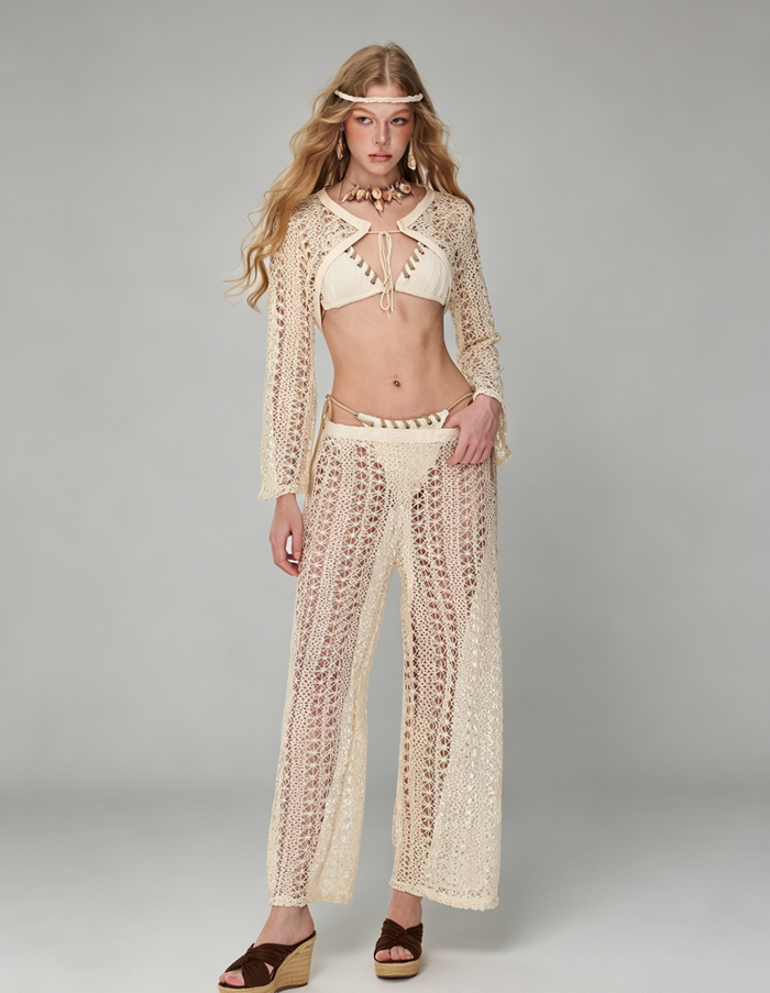 Crochet Hollow-Out Bikini 4-Piece Set