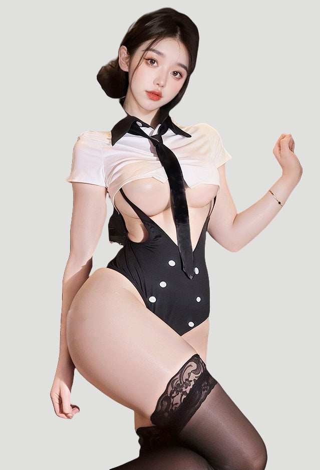 Open-Bust Secretary Style One-Piece Lingerie (with Stockings or Fishnets)