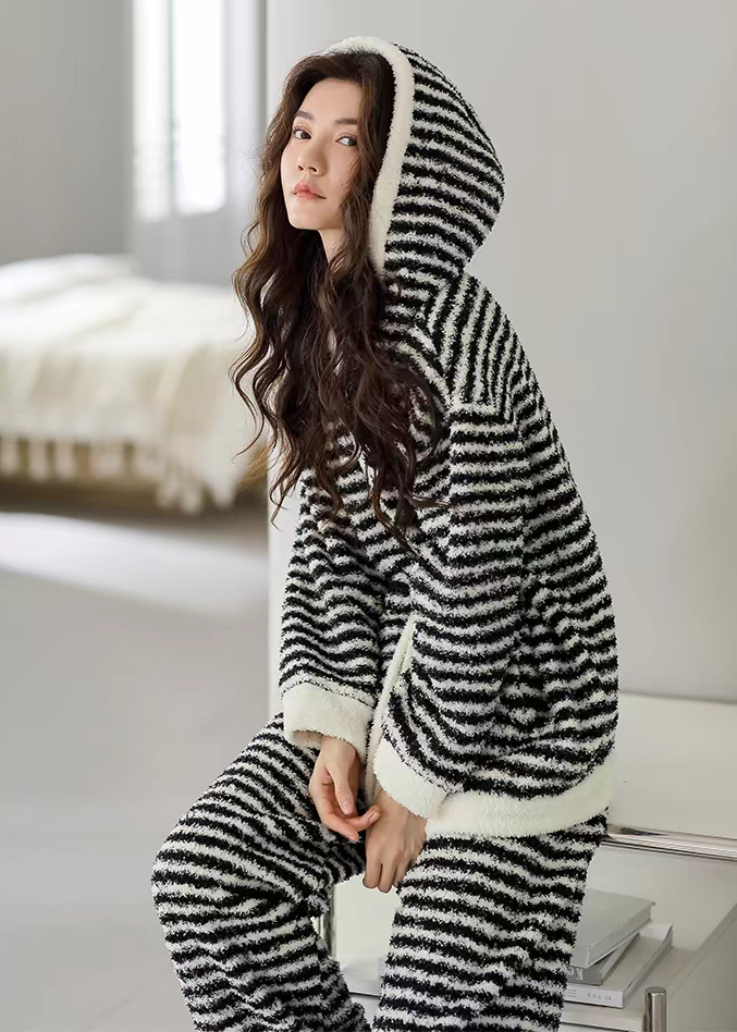 Upgraded Black &amp; White Striped Flannel Loungewear Set