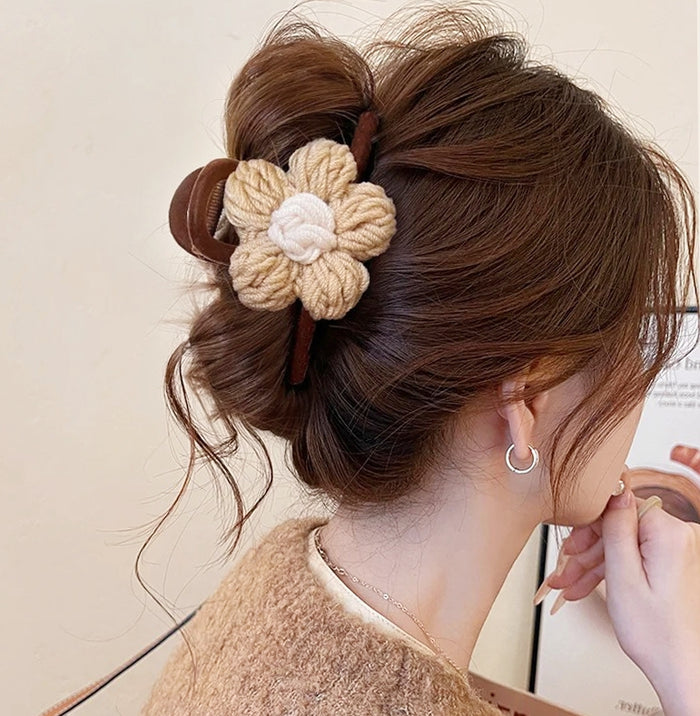 Flocked Handmade Knitted Flower Shark Clip