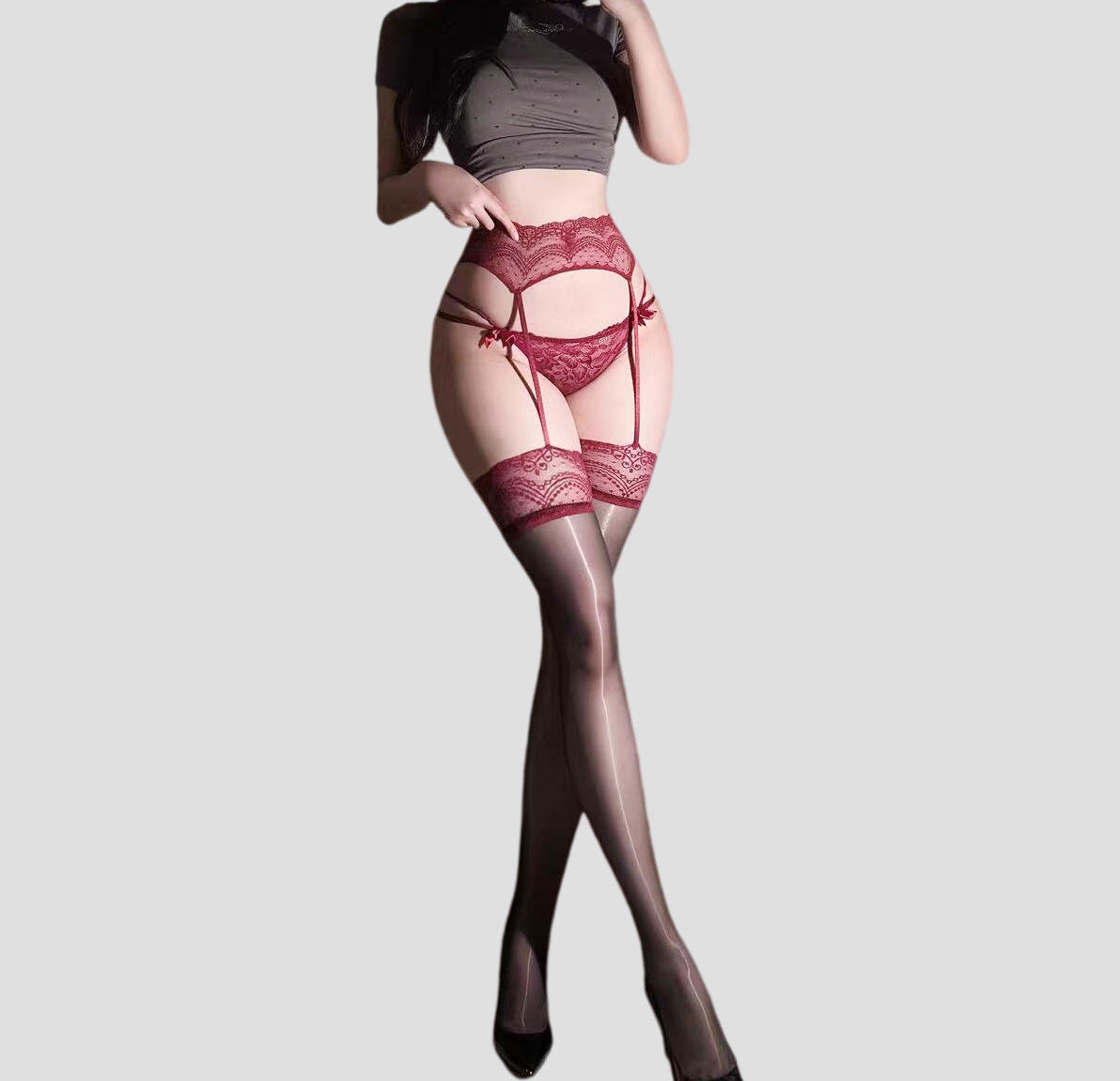 French Lace Burgundy Garter Stockings (Panty Not Included)