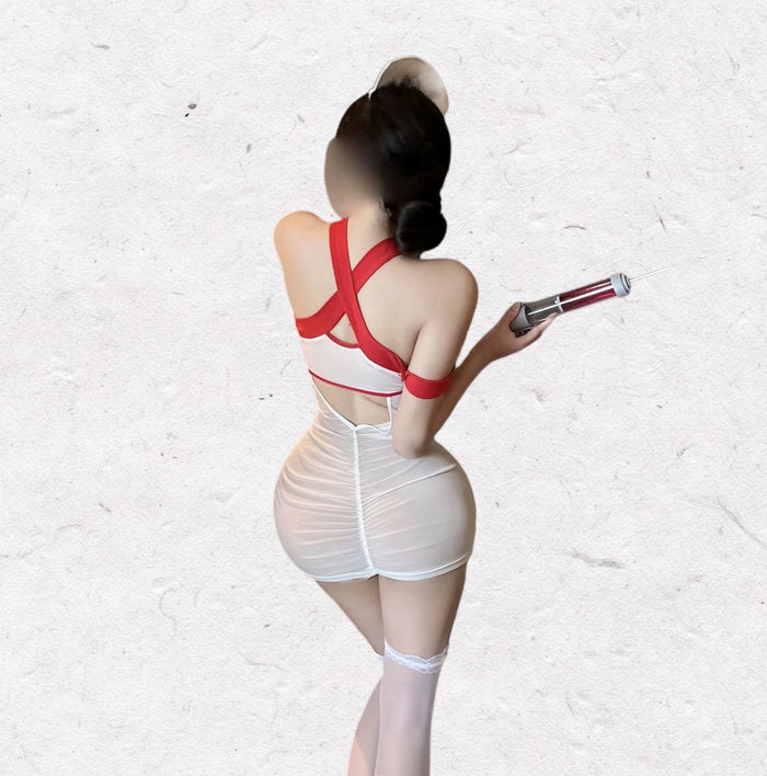 Sheer mesh bodycon mini skirt with a sexy nurse-inspired look