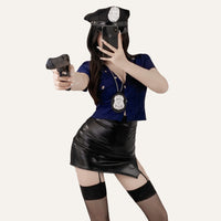 Police Officer-Inspired Bodycon Leather Skirt Costume Set