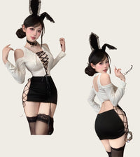 Deep V-Neck Tie-Front Bodycon Sexy Secretary Set with Stockings