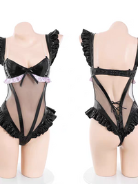PU Patchwork Mesh Ruffled Bodysuit Lingerie