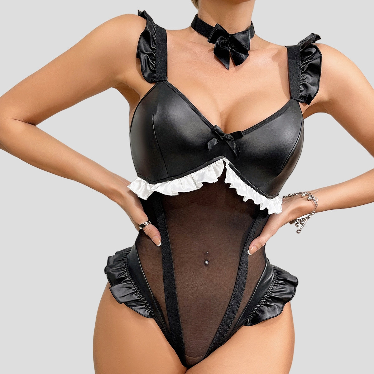PU Patchwork Mesh Ruffled Bodysuit Lingerie