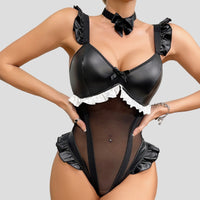 PU Patchwork Mesh Ruffled Bodysuit Lingerie