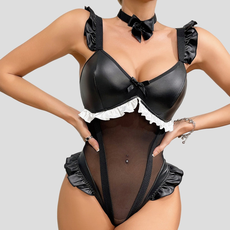 PU Patchwork Mesh Ruffled Bodysuit Lingerie