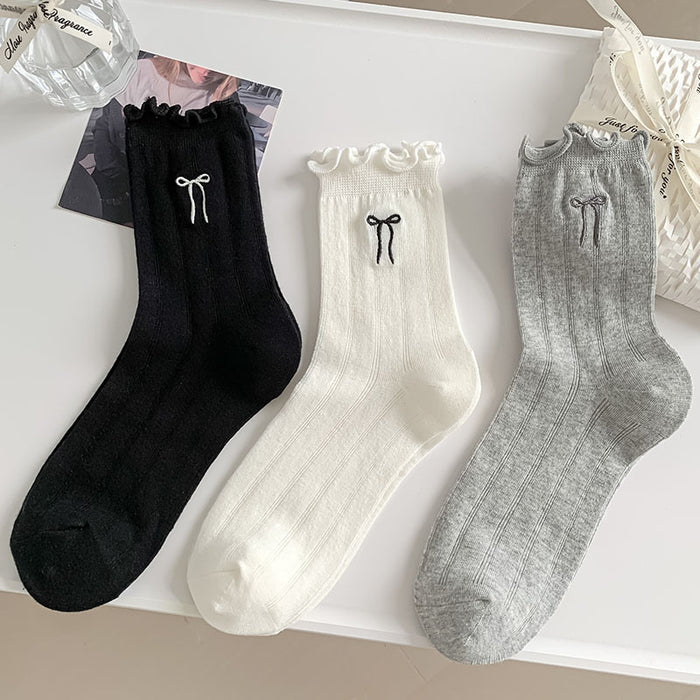 Korean-Style Lace Bow Embroidered Mid-Calf Socks for Summer (3-Pack)
