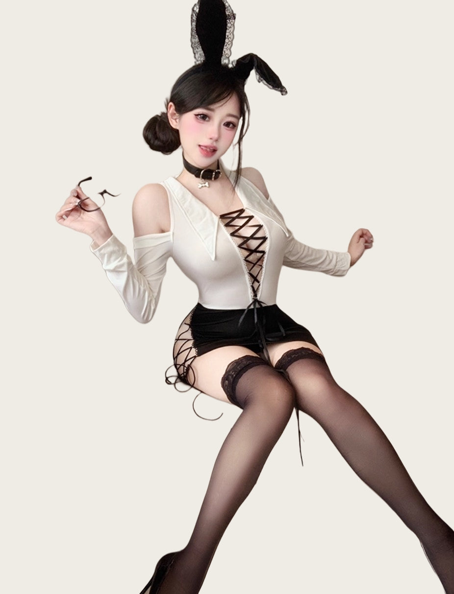 Deep V-Neck Tie-Front Bodycon Sexy Secretary Set with Stockings