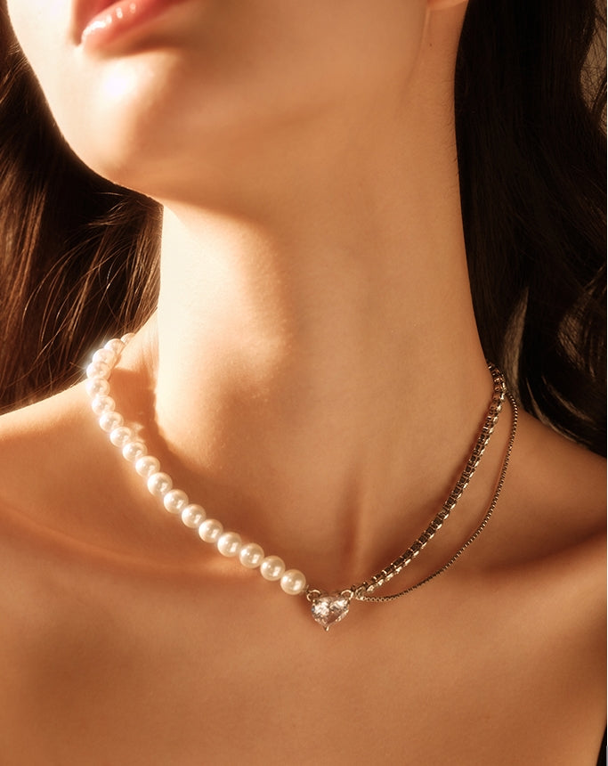 Double-Layered Pearl and Rhinestone Necklace