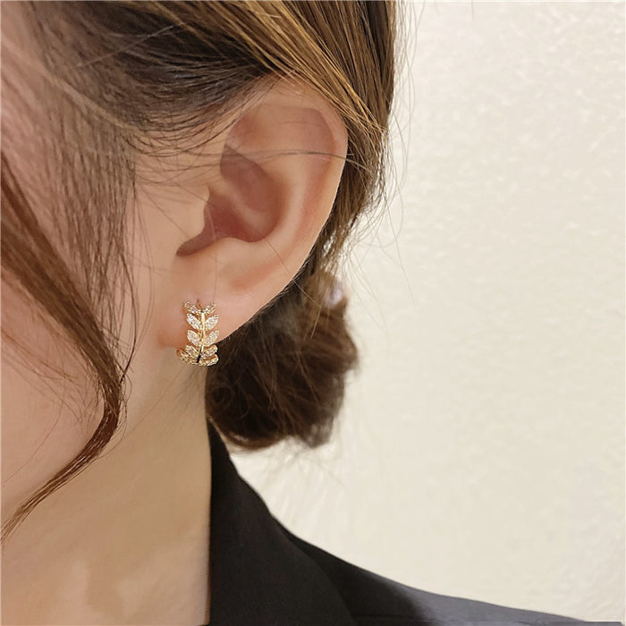 Korean Copper-Plated Silver Leaf Circle Stud Earrings