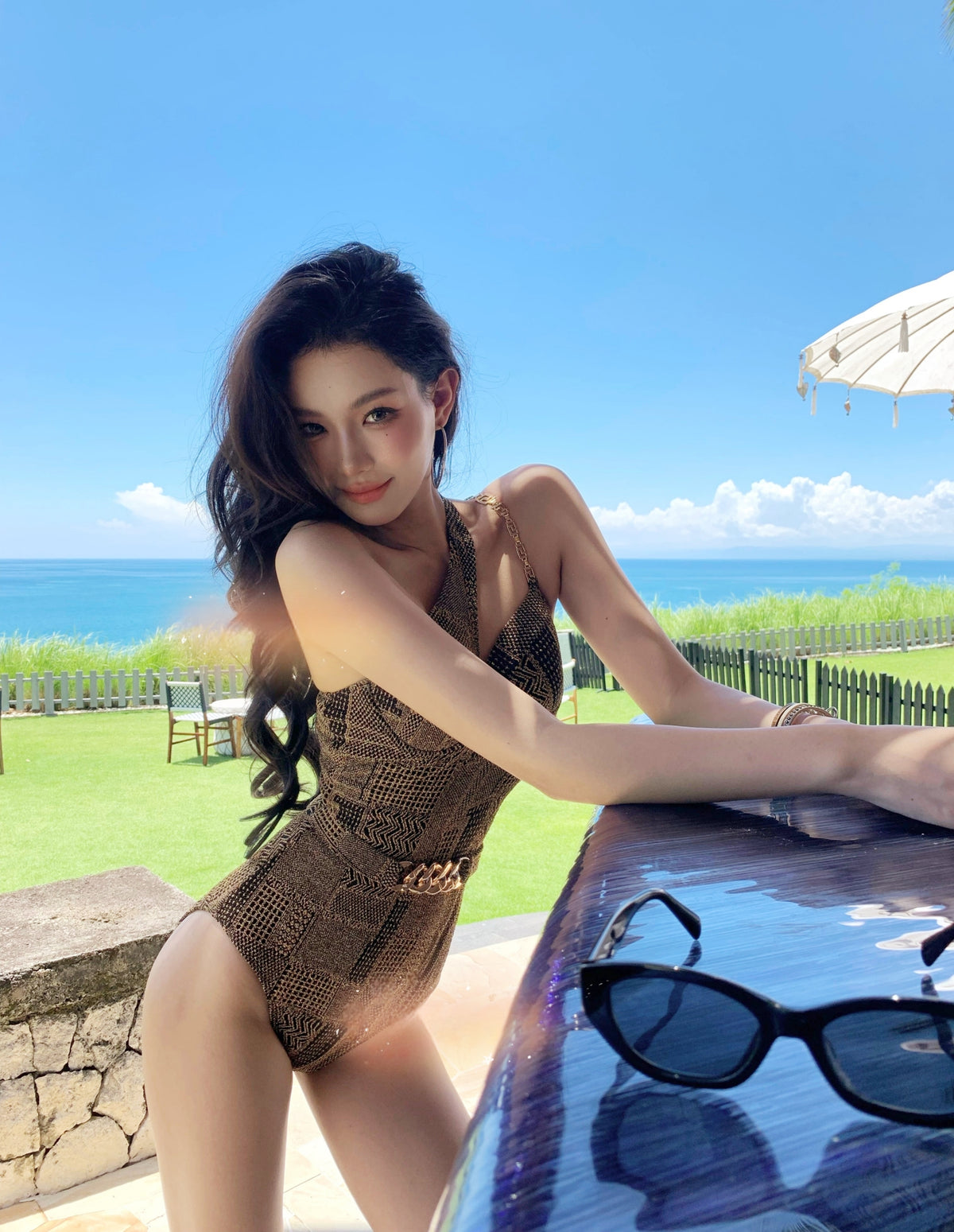 Black &amp; Gold Luxe One-Shoulder Swimsuit