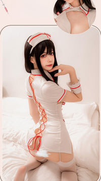 Open-Front Cross-Back Cutout Nurse Lingerie Costume (with Stockings)