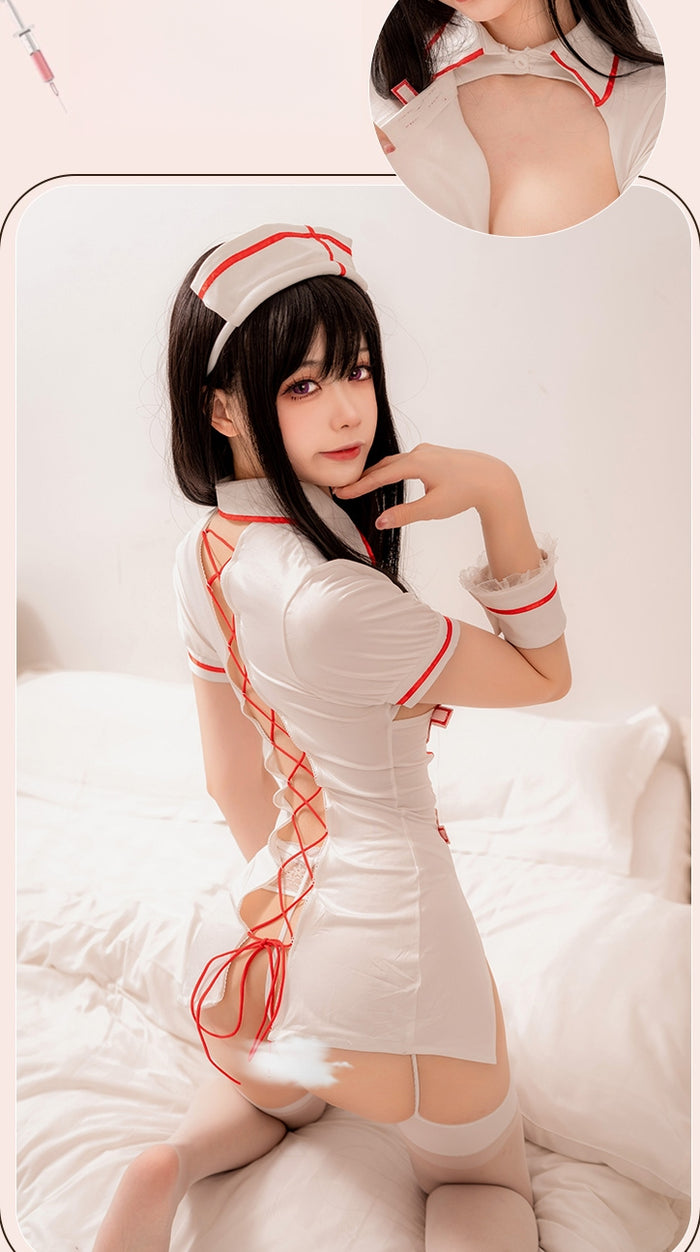 Open-Front Cross-Back Cutout Nurse Lingerie Costume (with Stockings)