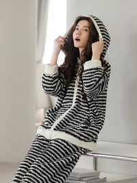 Upgraded Black &amp; White Striped Flannel Loungewear Set
