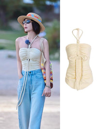 Strapless Halter One-Piece Swimsuit + Wide-Leg Pants Set