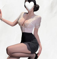 Sexy secretary-style deep V lace bodycon dress