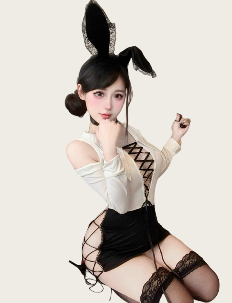 Deep V-Neck Tie-Front Bodycon Sexy Secretary Set with Stockings
