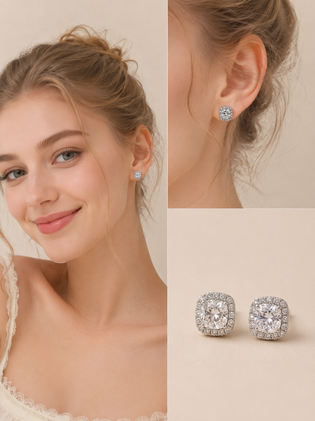 Cushion Cut Halo Stud Earrings