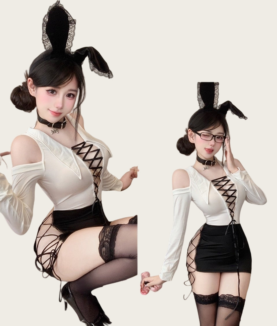 Deep V-Neck Tie-Front Bodycon Sexy Secretary Set with Stockings