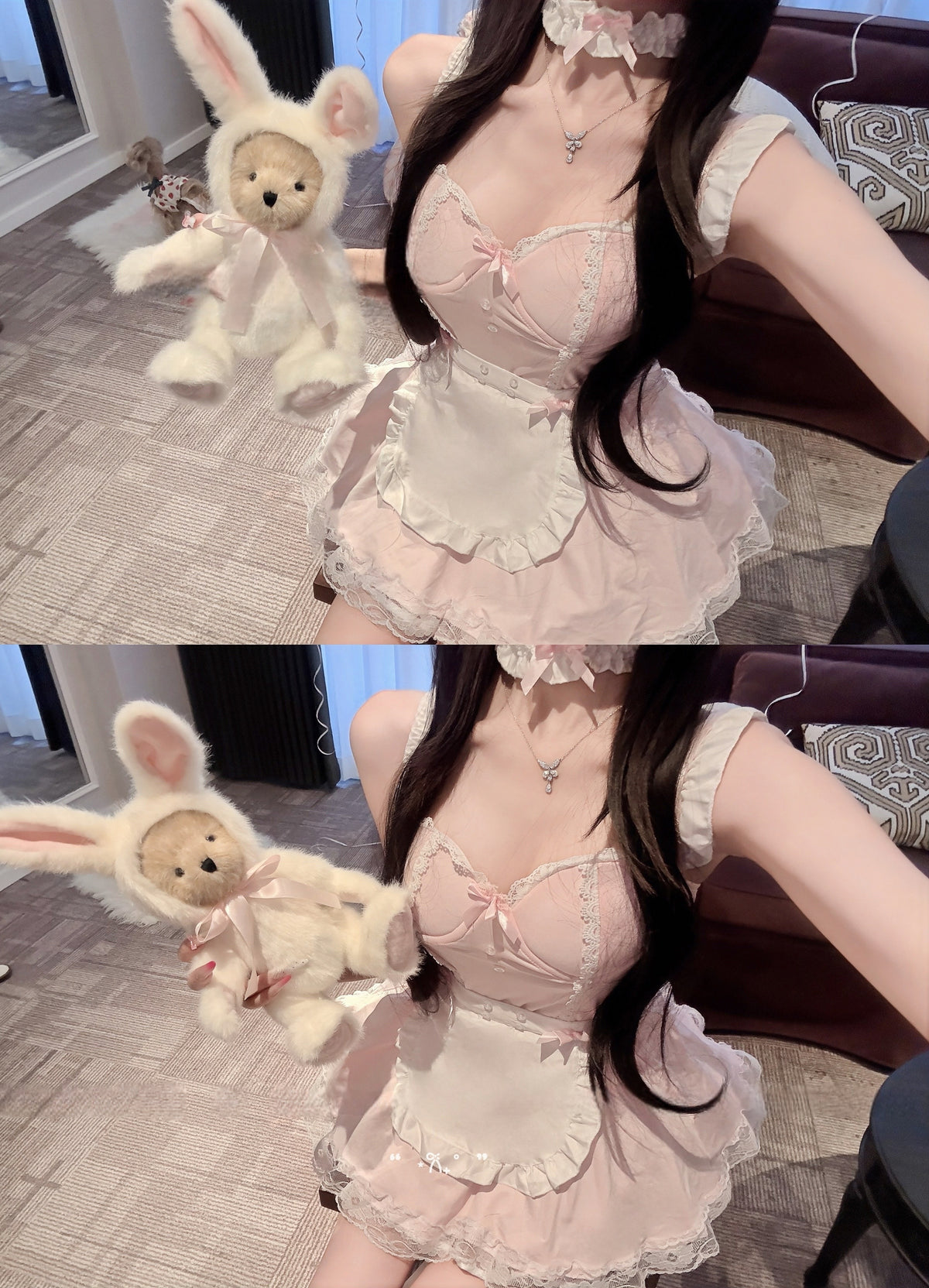 Sweet maid-style open-back lingerie set with built-in padding