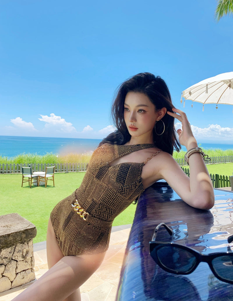 Black &amp; Gold Luxe One-Shoulder Swimsuit