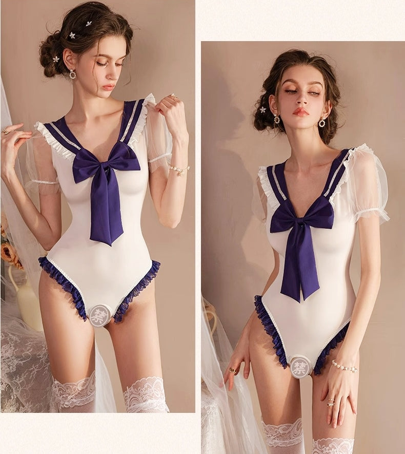 Crotchless Hands-Free Sexy Bodysuit Lingerie (with Fishnet Stockings)