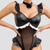 PU Patchwork Mesh Ruffled Bodysuit Lingerie