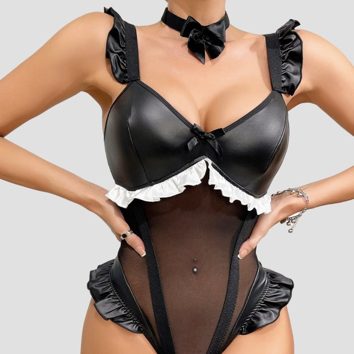 PU Patchwork Mesh Ruffled Bodysuit Lingerie
