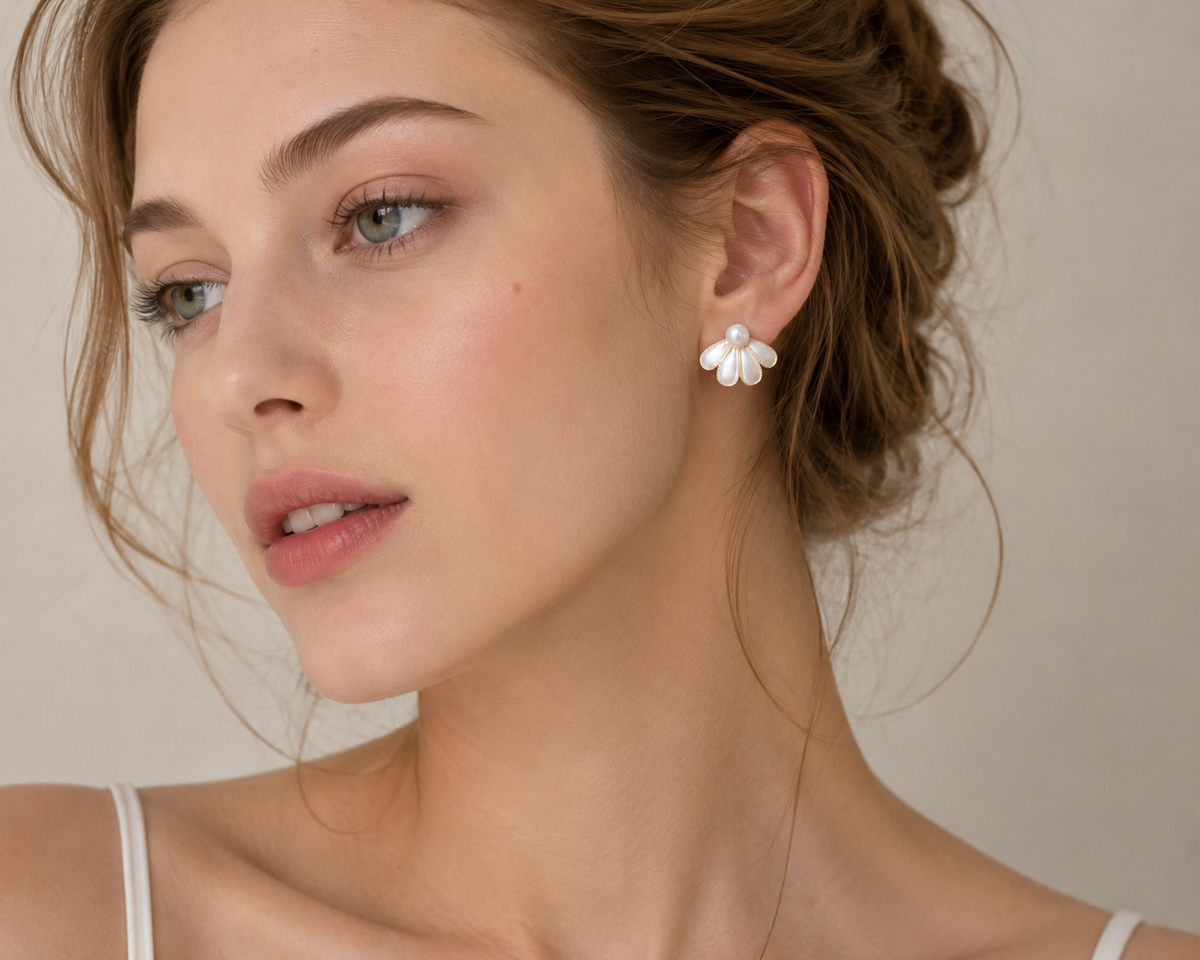 Brushed Petal Pearl Stud Earrings